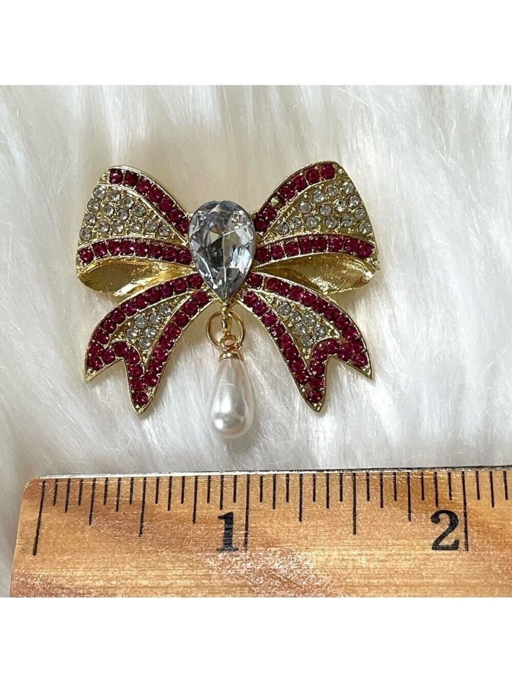 Bow Brooch Gold Tone Pink and Clear Crystals Pearl Drop - Picture 3 of 5